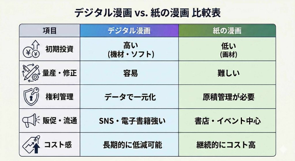 デジタル漫画と紙の漫画のコスト比較表