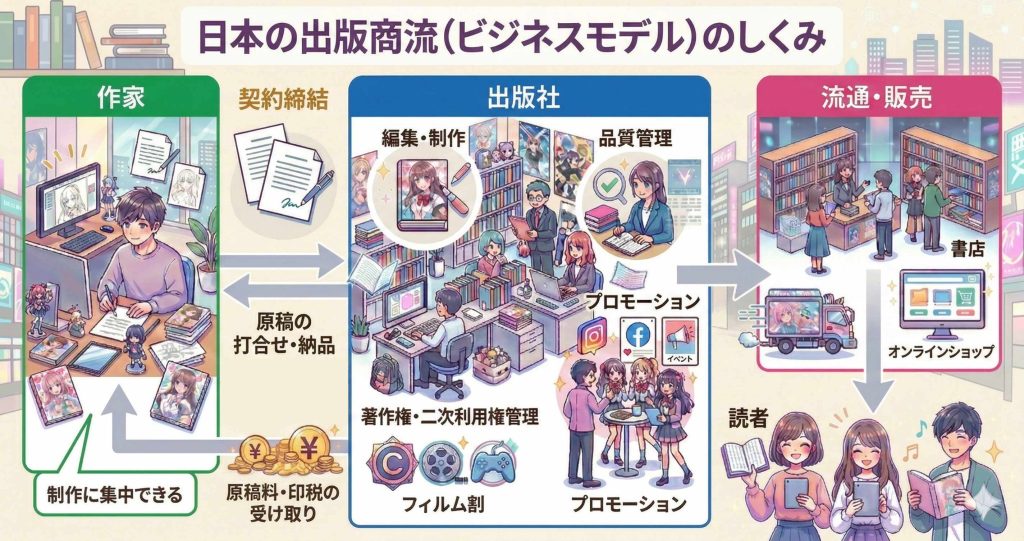 日本の商流は「作家が出版社と契約し、出版社が編集・流通・販売を一括で管理する」4